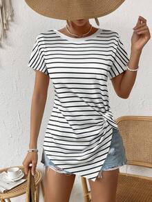 SHEIN LUNE 大码女式条纹荷叶边休闲百搭日常T恤 - 彩色 - 查看 4