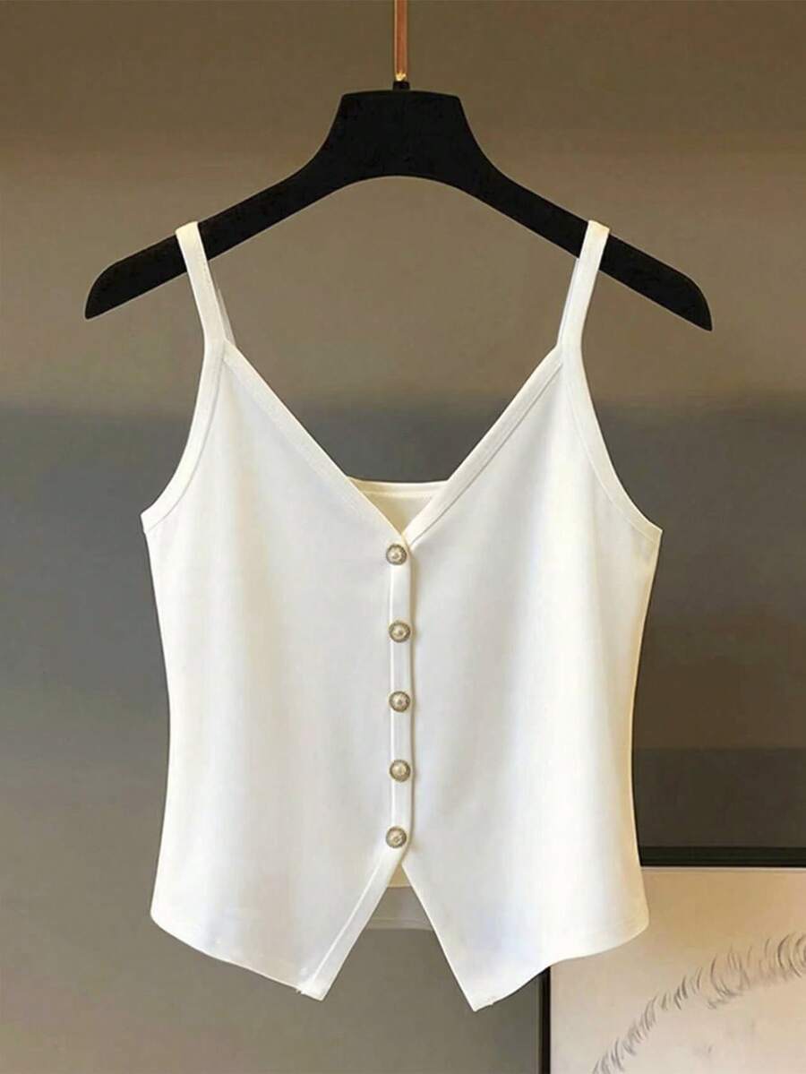 GlowEve Débardeur court en tricot à bretelles fines et boutons dorés, couleur unie, printemps/été pour femmes - Blanc - Voir 1