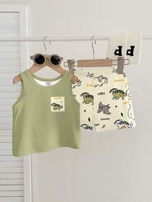 SHEIN Baby Boy Casual Soft & Comfortable Set, Classic Cute Dinosaur Print Pattern, Comfortable Tank Top And Shorts Set, Suitable For Spring/Summer - Multicolor - View 2