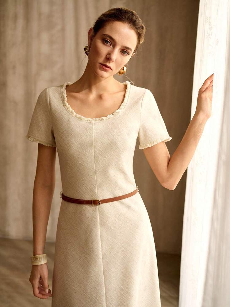 WOMEN'S LINEN BLEND STRUCTURED MID-LENGTH DRESS
