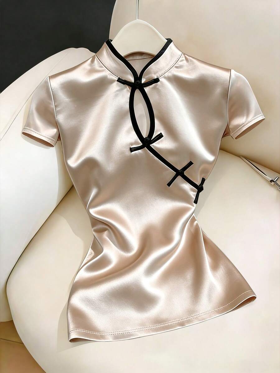 GlowEve 女士优雅短袖衬衫，纽扣设计，夏季 - 香檳色 - 查看 1