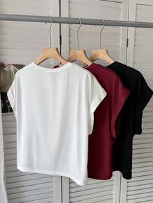 SHEIN LUNE 3件套女士休闲纯色基础款短袖T恤可爱上衣基础款上衣外出机场女装街头风外出上衣夏季女装3件套女士露脐上衣女士T恤女士外出上衣女士节日上衣奶油黄外出上衣女士纯色上衣纯色上衣休闲 - 酒紅色 - 查看 2