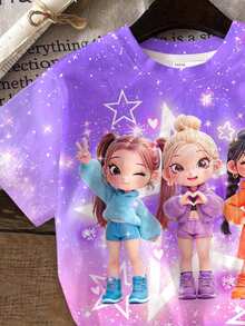 SHEIN 2件套少女休闲时尚彩色韩流女团字母星星印花圆领短袖T恤和短裤套装，适合夏季穿着 - 彩色 - 查看 4