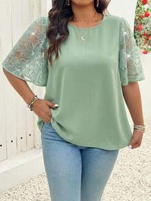 EMERY ROSE Women's Plus Size  Long Blouse With Flounce Half Sleeves And Subtle Sheer Details,Plus Size Round Neck Petal Sleeve Minimalist Elegant Blouse - Cadet Blue - View 4