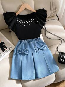 Conjunto de 2 peças para rapariga, t-shirt preta de malha com gola redonda e mangas onduladas, decoração de pérolas falsas & saia de ganga azul lavada com laço de missangas, doce e fofo para verão e escola - Preto - Ver 6