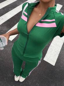 Muchica Conjunto casual de 2 piezas con top con cremallera de manga raglán a rayas y pantalones acampanados para mujer - Verde - Ver 5