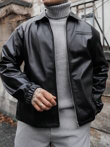 Artur Kramer 男士时尚日常休闲PU皮修身长袖夹克，都市黑色夹克，送给朋友、丈夫、男友的礼物，朋克风，情侣装 - 黑色 - 查看 3