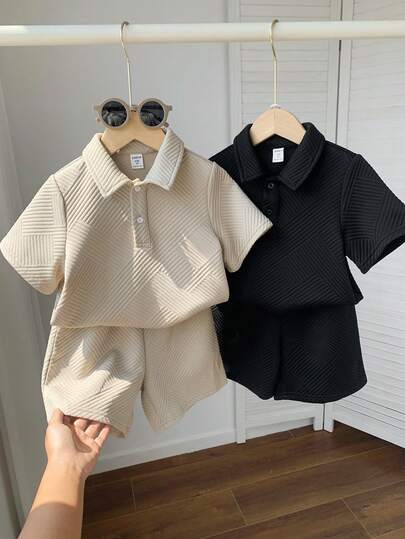 4pcs Young Boys Casual School Style Textured Fabric Polo Shirt And Shorts Set, Comfortable & Versatile Toddler Set Matching Outfit Toddler Outfit School Clothes