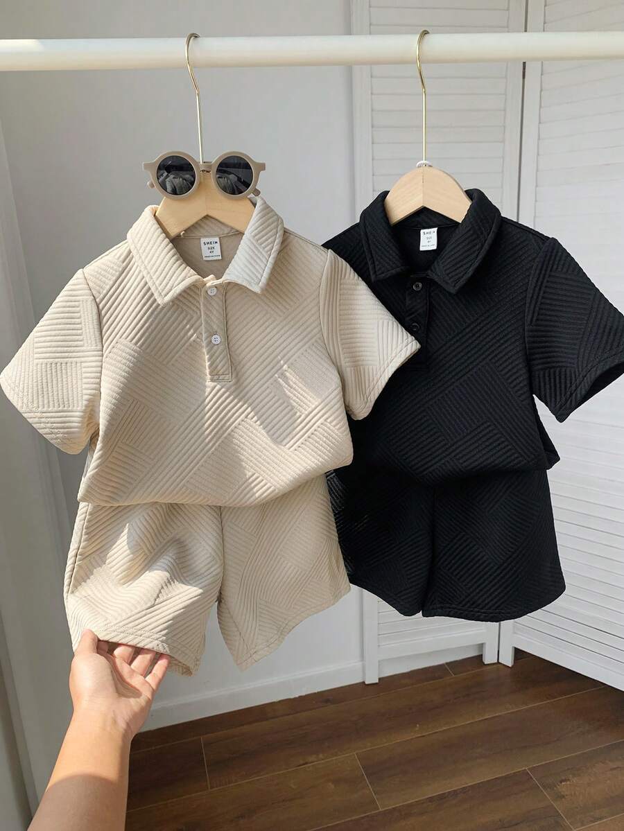 SHEIN 4件套男童休闲校园风纹理面料Polo衫和短裤套装,舒适百搭 - 彩色 - 查看 1