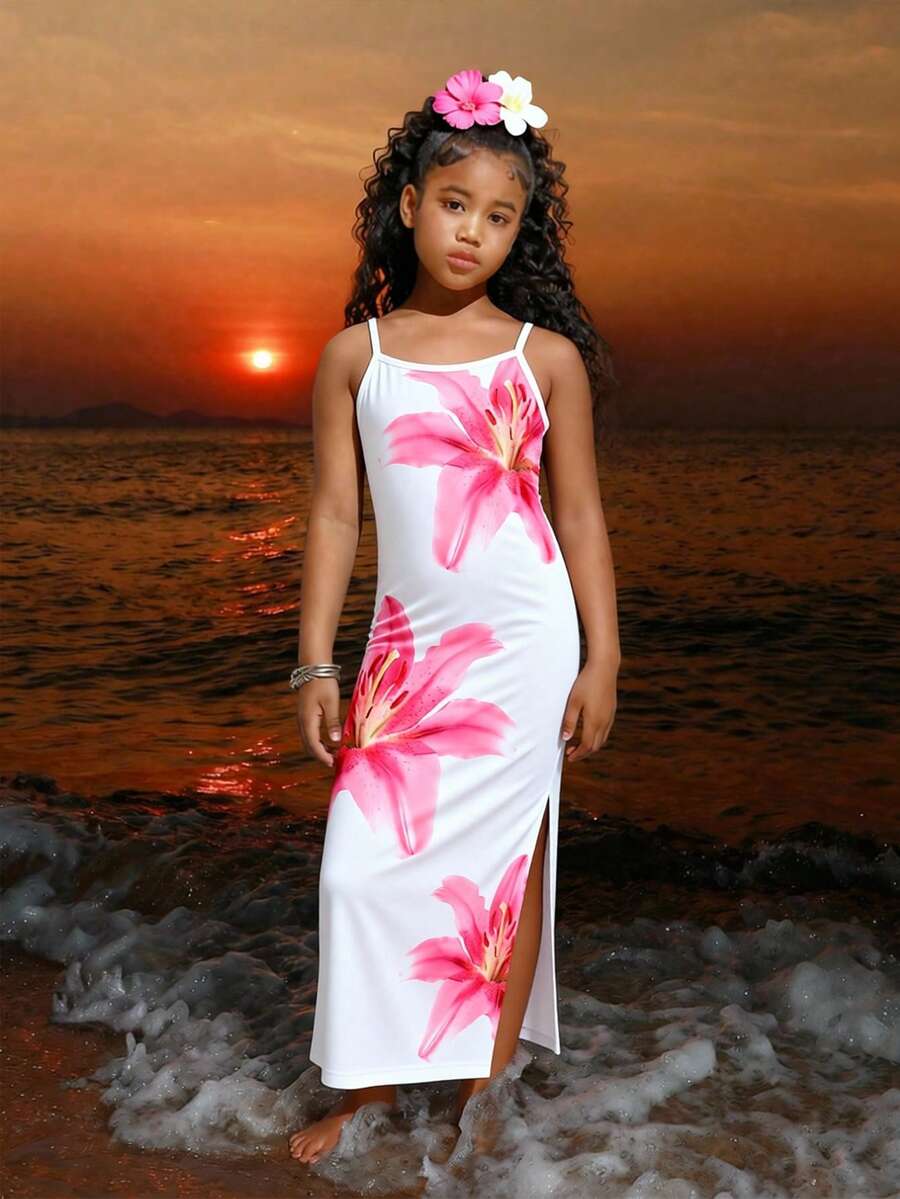 Sparklyn 青少年女孩夏季波希米亞風白色與粉色清新花卉細肩帶長洋裝，度假風修身側開衩裙襬