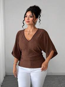 Elenzga Kaos Kasual Modis Gaya Retro Prancis untuk Liburan, Elegan, Cocok untuk Perjalanan, Leher V, Lengan Raglan, Pinggang Terikat, Bahan Bertekstur - Coklat - View 4