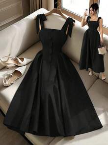 Elenzga 新款系带肩部纹理双色编织中长连衣裙，青春优雅百搭的办公服饰 - 黑色 - 查看 1