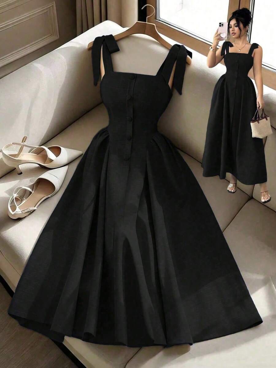 Elenzga 新款系带肩部纹理双色编织中长连衣裙，青春优雅百搭的办公服饰 - 黑色 - 查看 1