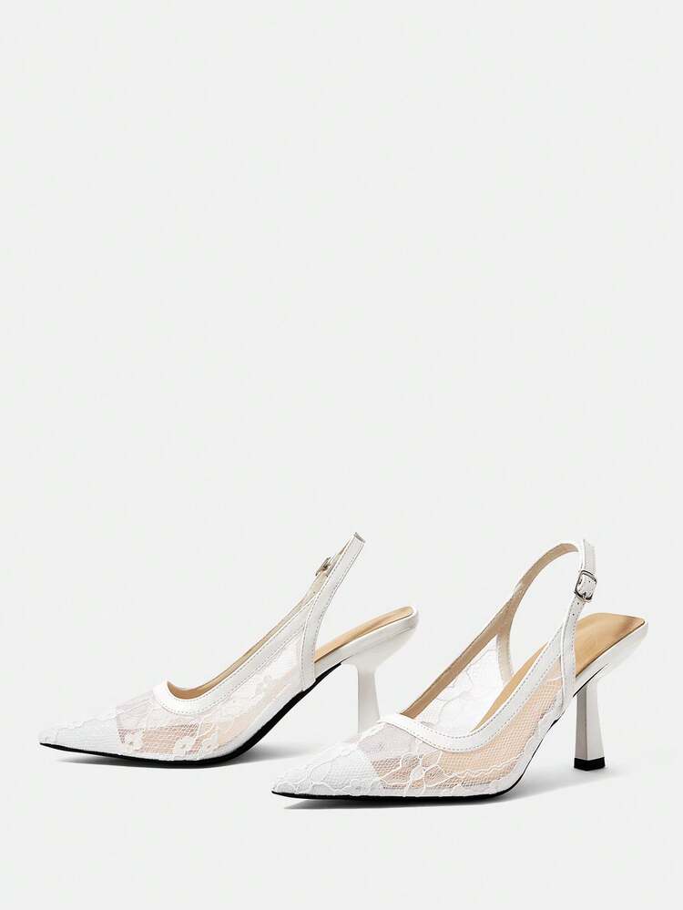 CUCCOO HITCHD Women's White Mesh Lace Bridal Pointed-Toe Slingback Heels - Elegant Casual Resort Wedding Pumps