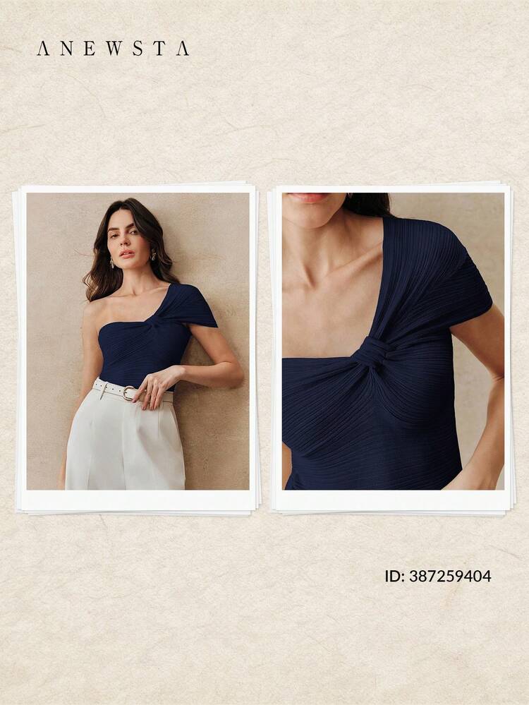 Elegante suéter de punto ajustado para mujer con detalle plisado y lazo asimétrico en el hombro, en unicolor, adecuado para principios de primavera, otoño, invierno, ocasiones formales, fiestas y eventos de moda