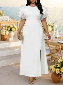 SHEIN Lady White Summer Elegant Party Wedding Guest Holiday Dresses For Women,Modest Knitted Scoop Neck Split Tiered Organza Puff Sleeve Mesh Long Plus Size Gown - White - View 6