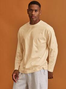 Musero Camiseta básica de manga larga y cuello redondo oversize para hombre, ideal para crear un armario cápsula y para capas en primavera y verano - Amarillo claro - Ver 5