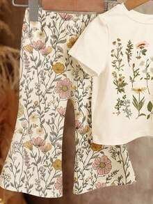 SHEIN Cute Retro Floral Pattern Baby Girl Casual Loose Short Sleeve Round Neck T-Shirt And Flare Pants 2-Piece Set, Suitable For Daily Wear, Spring & Summer Outfits, Easy Comfort, Spring & Summer Layers For Kids, Stylish Girls, Casual Wear, Kids Retro Floral Graphic Clothes, Homecoming, Chill, Vacay Vibes - Multicolor - View 5