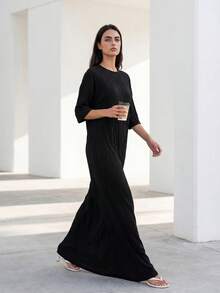 Solavon 女士纯色圆领蝙蝠袖宽松长款休闲连衣裙，春夏季，非常适合海滩/休闲/度假/家居服 - 黑色 - 查看 3