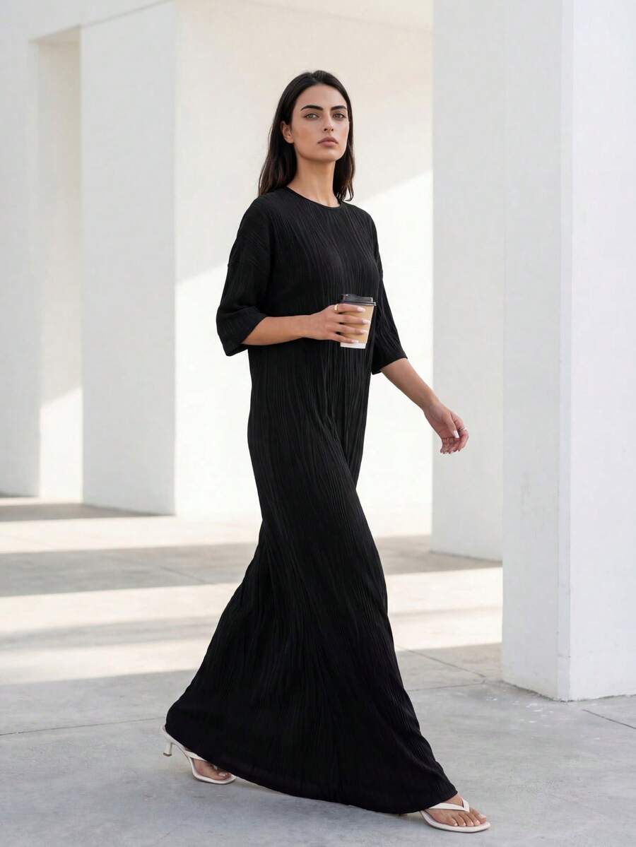 Solavon 女士纯色圆领蝙蝠袖宽松长款休闲连衣裙，春夏季，非常适合海滩/休闲/度假/家居服 - 黑色 - 查看 1