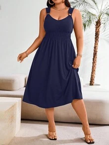 EMERY ROSE Vestido maxi de verano casual con pliegues de unicolor para mujer de talla grande - Azul - Ver 1