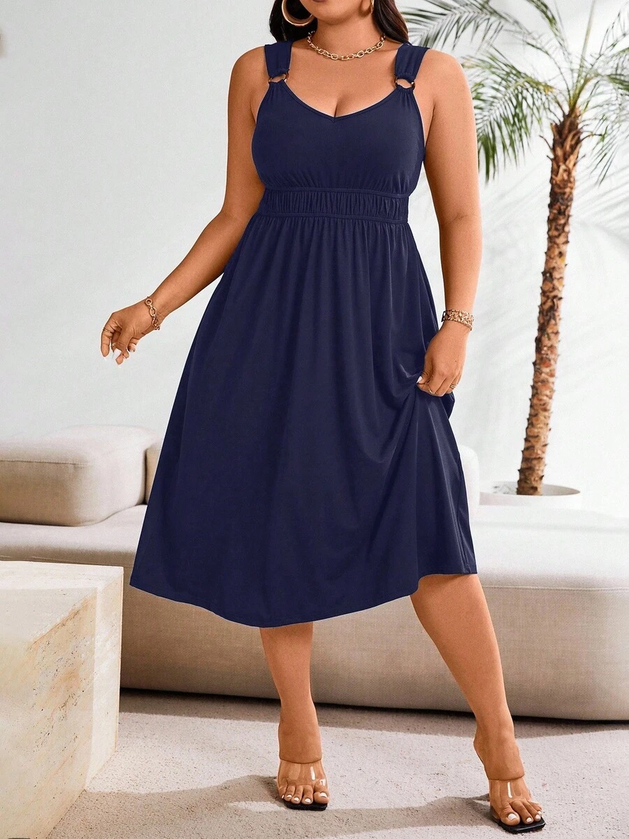EMERY ROSE Vestido maxi de verano casual con pliegues de unicolor para mujer de talla grande - Azul - Ver 1