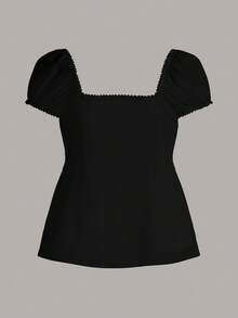 CovetEZ 95%純棉黑色方領泡泡袖綁帶前襟T恤，夏季上衣 - 黑色 - View 3