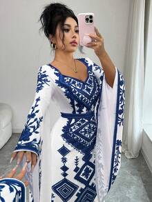 Elenzga Đầm nữ thanh lịch, thời trang, thoải mái, quyến rũ, cổ điển tối giản, lãng mạn, tay dài, cổ chữ V, ôm eo, dáng chữ A, đuôi cá, in họa tiết. - Màu xanh lam - Xem 3