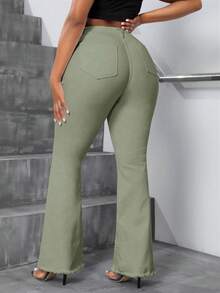 Slaydiva Plus Size Women Distressed Flare Jeans - Green - View 2