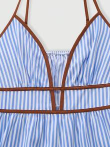 Hàng mới về mùa hè: Bộ jumpsuit nữ gợi cảm cổ khoét sâu kẻ sọc dành cho kỳ nghỉ. - Xanh và trắng - Xem 6