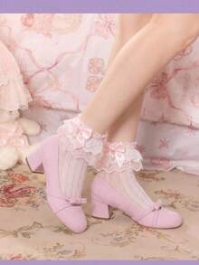 Dola Lovely 粉色绒面革圆头蝴蝶结低帮粗跟鞋，女士温柔可爱通勤百搭气质玛丽珍高跟鞋 - 粉色絨面 - 查看 6