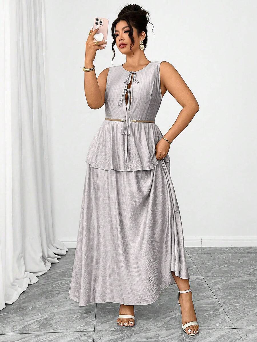 Elenzga Đầm cỡ lớn chất liệu giả vải lanh, cổ tròn, không tay, điểm nhấn là nhiều lớp nơ, viền bèo nhún, dáng chữ A, kiểu dáng thanh lịch thường ngày, thích hợp cho đi chơi, dự tiệc hoặc đi nghỉ mát. - Xám - Xem 1