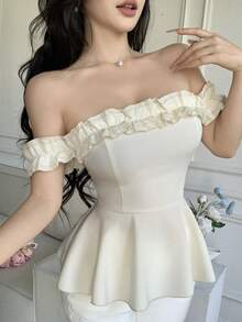 Celisse Women's Solid Color Ruffle Off Shoulder Elegant Sexy Blouse - Apricot - View 6