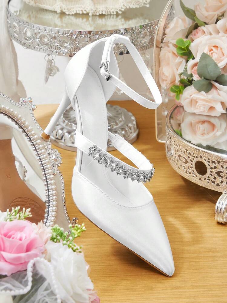 CUCCOO HITCHD Women Shoes New French Sexy Pointed ToeHollow High Heels Fashion Low Vamp Satin Rhinestone Dress Party Bridal Wedding Shoes