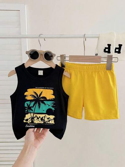 男童休闲简约短袖套装（2件套），适合春夏穿着