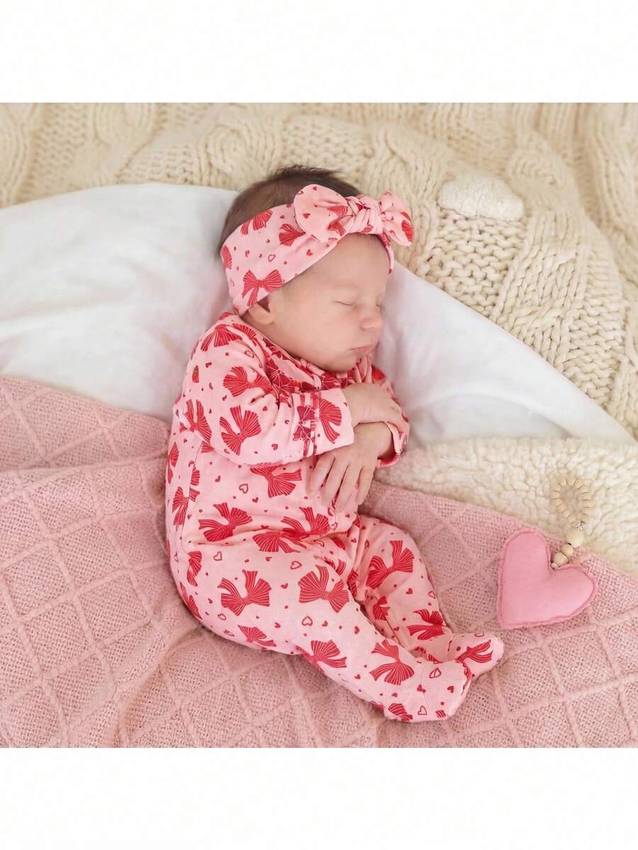 SHEIN Dozemod Kids 新生女宝宝简约蝴蝶结图案圆领长袖拉链针织连体睡衣 - 粉色 - 查看 1