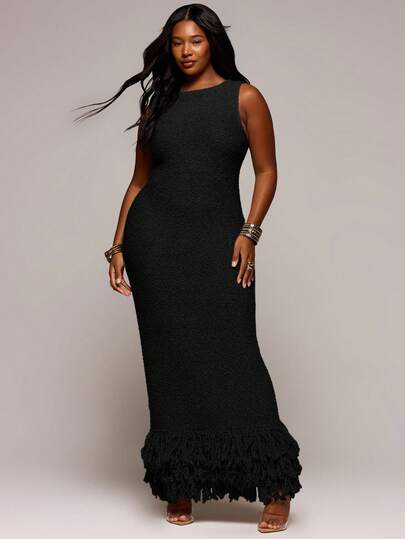 MUSERA Plus Size Textured Knit Fitted Midi Dress Spring Summer Elegant Vacation Holiday Evening Soul Ties