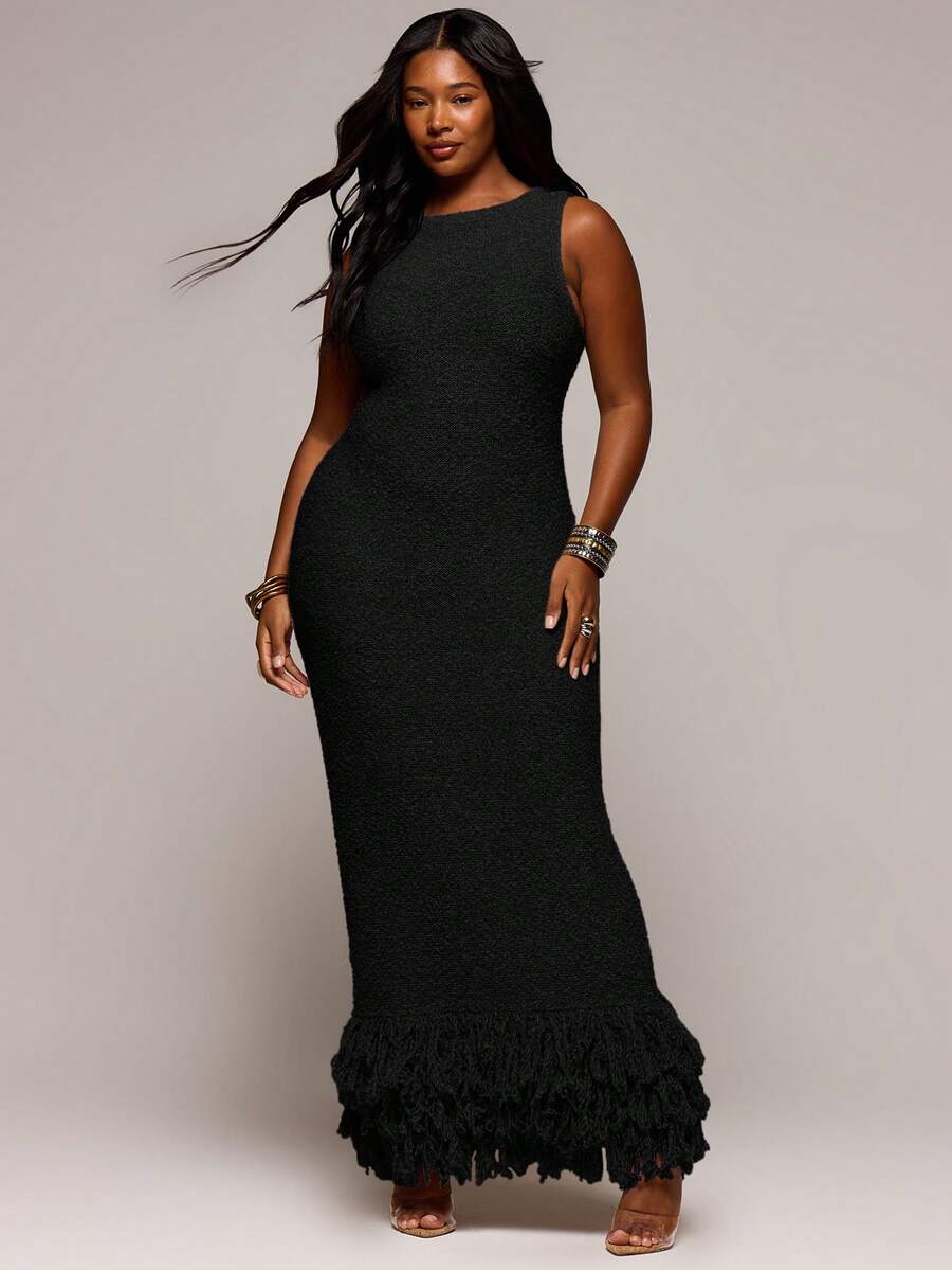 MUSERA Plus Size Textured Knit Fitted Midi Dress Spring Summer Elegant Vacation Holiday Evening Soul Ties Fall - Black - View 1