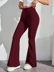SHEIN PETITE Simple Solid Color Wrap High Waist Flared Pants - Burgundy - View 3