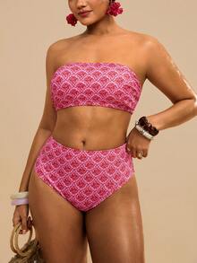 Travachic 大码女士印花泳衣套装，抹胸系带泳衣上装 - 玫紅色 - 查看 5