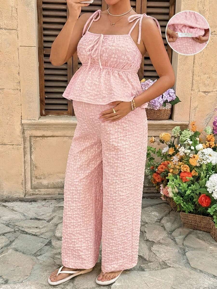 SHEIN Bộ đồ bầu 2 món gồm áo tank top buộc dây vai và quần cạp chun điều chỉnh được, chất liệu jacquard. - Màu Hồng baby - Xem 1