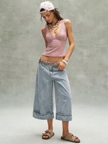 Bohemela 女士休闲针织撞色镂空露背修身背心 - 棕色 - 查看 5