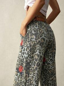 Bohemela Women's Leopard Floral Pattern Casual Versatile Daily Wear Pants - Iron Gray - View 5