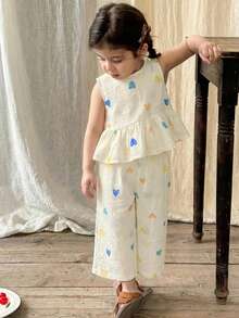 LMoss Kids 2pcs Baby Girl Ditsy Floral Woven Casual Vest And Pants Set, Baby Girls Clothes Summer, Girls Summer Coord Set, Girls Co Ord Set, Summer Holiday Outfits 2 Piece Set - Beige - View 10