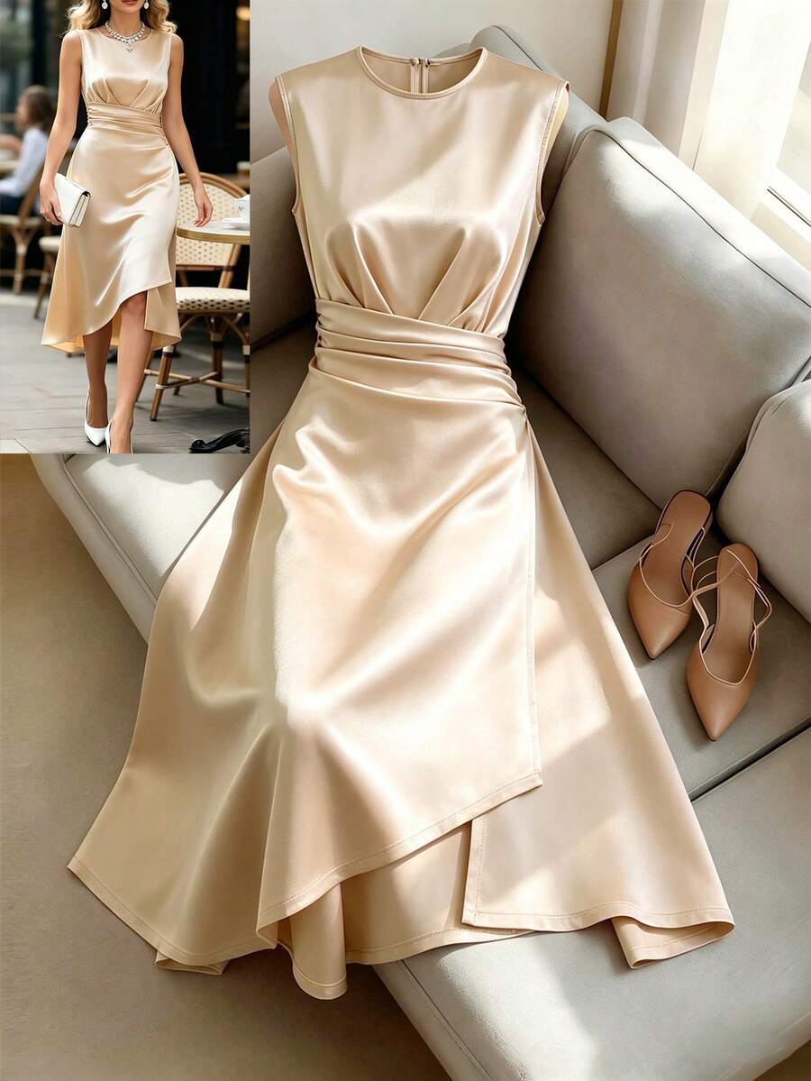 GlowEve Women's Elegant Solid Color Satin Ruched Waist Asymmetric Hem Dress - Apricot - View 1