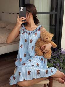 Napfluff Áo ngủ dáng chữ A cổ tròn, họa tiết sọc kẻ hình gấu dễ thương dành cho nữ, có bèo nhún. - Nhiều màu - Xem 5