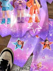 SHEIN 2件套少女休闲时尚彩色韩流女团字母星星印花圆领短袖T恤和短裤套装，适合夏季穿着 - 彩色 - 查看 6