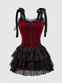 ROMWE Goth 夏季哥特复古宫廷风撞色蕾丝边十字架吊坠加大码女式吊带连衣裙 - 黑色 - 查看 5