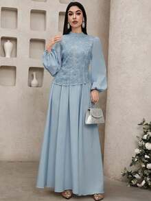 Modelyn 女士网纱串珠刺绣不对称下摆长袖连衣裙 - 淺藍色 - 查看 5