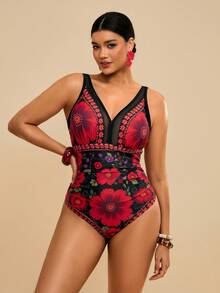 SHEIN TRVLCHIC 大码印花连体泳衣，适合海滩度假 - 黑色 - 查看 3